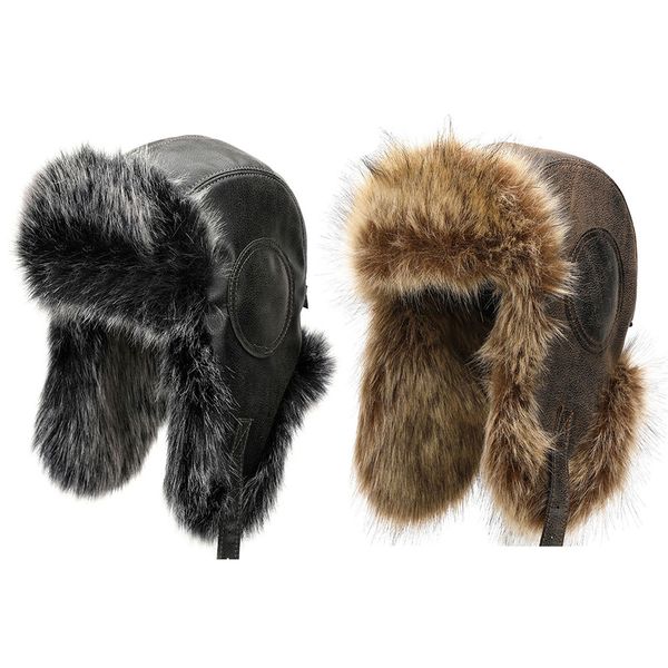 

hat 2019 winter imitation leather hats men women pilot aviator faux fur black hat snow cap with earmuffs gifts for boys, Blue;gray