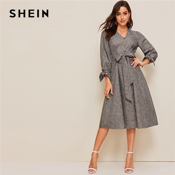 

shein button front knot cuff self belted dress v neck summer dress 2019 spring autumn elegant bow high waist a line dresses, Black;gray