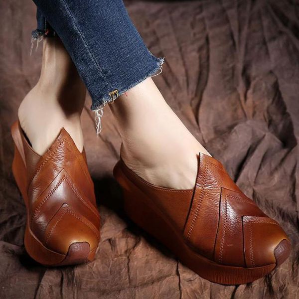 

johnature genuine leather summer slippers women shoes outside wear wedges retro handmade slides leisure platform ladies slippers, Black