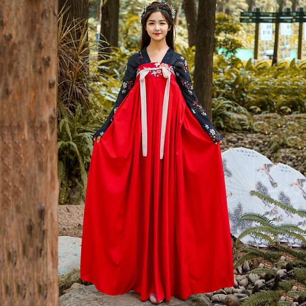 

chinese traditional dance costume for women hanfu festival outfit oriental folk stage performance clothes fairy dress df1003, Black;red