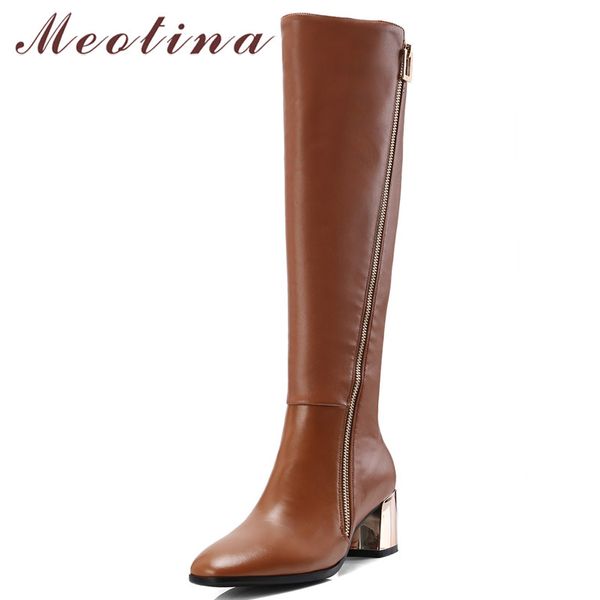 

meotina winter knee high boots women natural genuine leather thick heel long boots zip square toe shoes lady fall big size 33-43, Black
