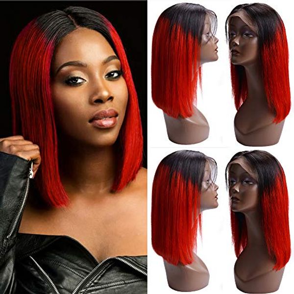 

mhazel 12in 300g 150% плотность короткий боба прямого ломбера красного синтетические бесклеевого передний парик шнурка для женщины, Black