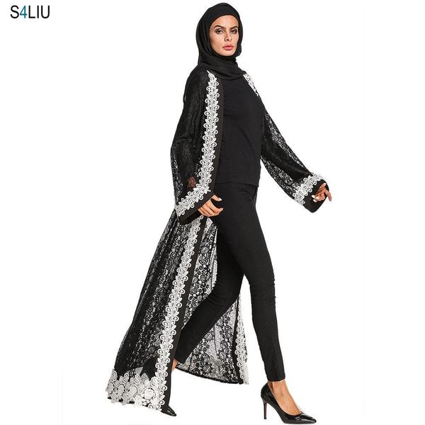 

new elegant muslim embroidery abaya lace maxi dress open cardigan hollow out kimono ramadan dresses middle east islamic clothing, Red