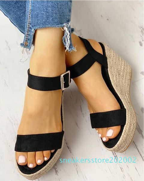 

new 2020 women shoes platform sandals women peep toe high wedges heel ankle buckles sandalia espadrilles female sandals shoes s02, Black