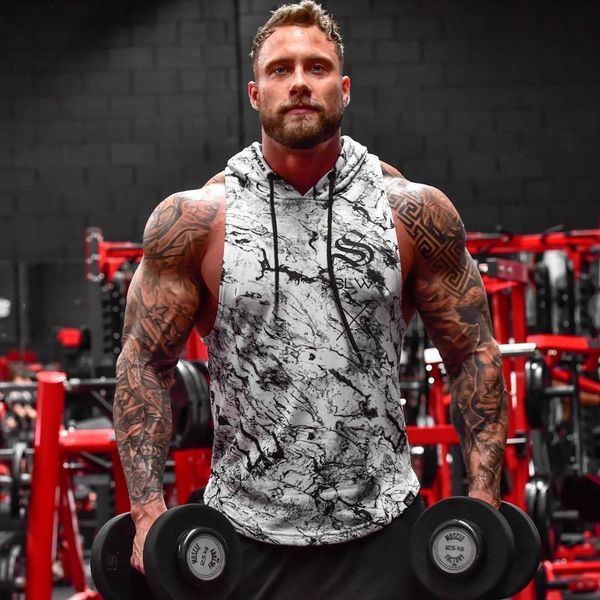 

new men bodybuilding tank gyms fitness workout sleeveless hoodies man casual camouflage hooded vest male camo clothing, White;black