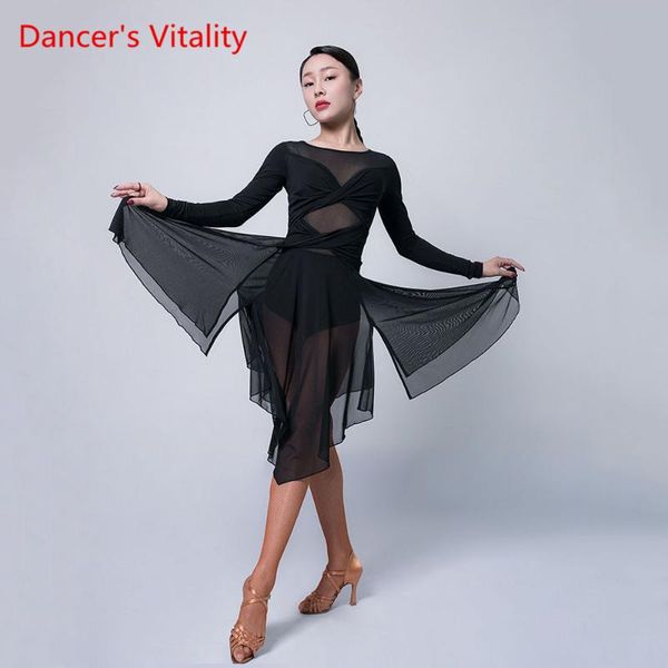 

latin dance new practice clothes female ault autumn and winter dress long sleeve competition performance costume, Black;red