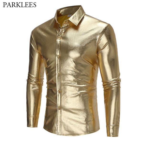 

gold coated metallic paisley shirt men 2017 night club wear shirt slim fit chemise homme casual button down mens dress shirts, White;black