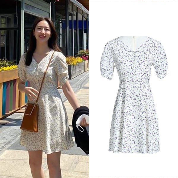 

ailee same summer french printed short sleeve v-neck dress show thin waist temperament popular logo broken flower, White;black