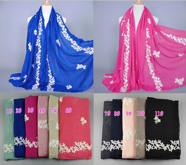 

new design women's fashion embroider flower cotton popular long scarf wrap head muffler hijab muslim scarves/shawls 10pcs/lot, Blue;gray