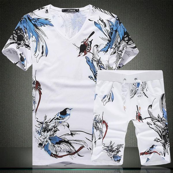

китайский стиль изысканный birds pattern printing майка и шорты костюм лето новый высококачественный хлопок мужские короткие наборы, Gray