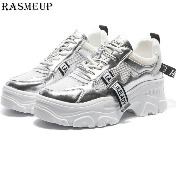 

rasmeup genuine leather mesh women platform sneakers fashion women's chunky shoes 2019 woman dad trainers lady footwear, Black
