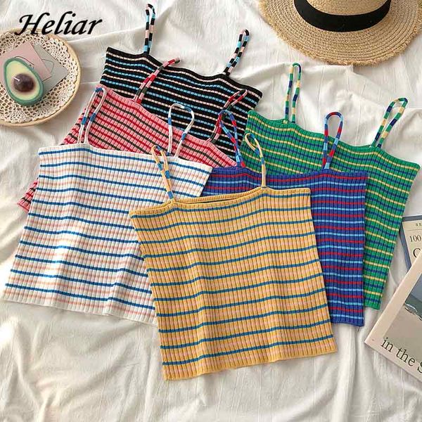 

heliar croped spaghetti camisole rainbow striped knitted camisole 2019 summer ladies sleeveless slim femme strapless camis, White