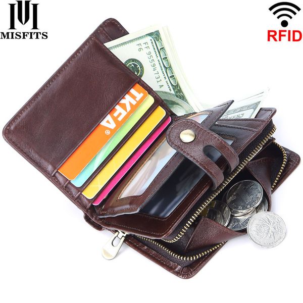 

misfits 100% genuine leather rfid vintage men's wallet short hasp wallets with coin pocket small zipper male purse card holders, Red;black