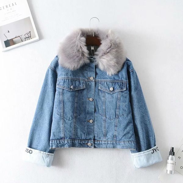 

warm winter jean jacket bomber women letter embroidery faux fur collar coat denim jackets basic ladies windbreaker female, Black