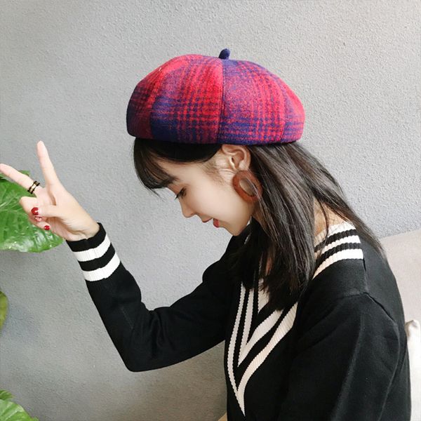 

berets lady spring and autumn winter decorative plaid painter hat vintage wild anise hat harbor wind pumpkin, Blue;gray