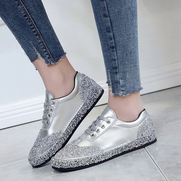 

2019 women crystal flats golden silver vulcanize shoes lace up bling casual sneakers female fashion shoes spring footwears, Black