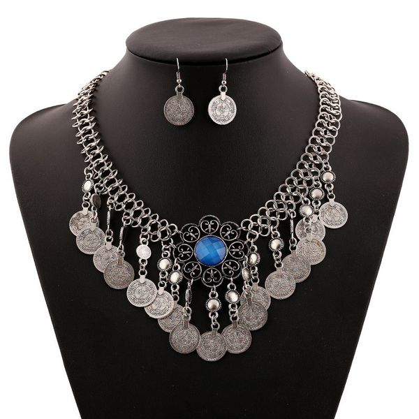 

bohemian multilayer antique silver coin tassel inlay blue gem pendant necklace earrings women ethnic fashion jewelry sets