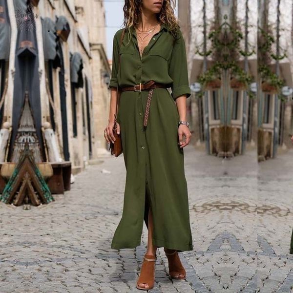 

повседневный кнопка lady летнее платье рубашка офис long solid vintage maxi женщины платье плюс размер v шеи шифон платье festa, Black;gray