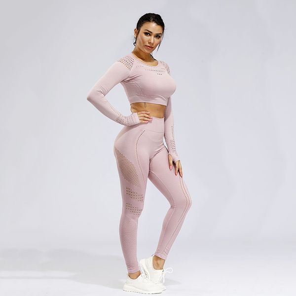 

women's long sleeve yoga set gym clothing flawless knit crop 2 pieces workout tracksuit fitness sport wear