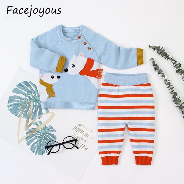 

2020 newborn knitted set baby girls boys clothes sweater + pants suit 2pcs infant outfit cartoon baby clothing sets, White