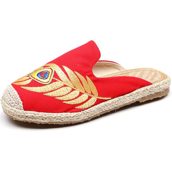 

женская мода мул рыбацкая обувь ручной работы холст мокасины дизайнер вышивка женщины дом тапочки скольжения на мул женские квартиры q-343, Black