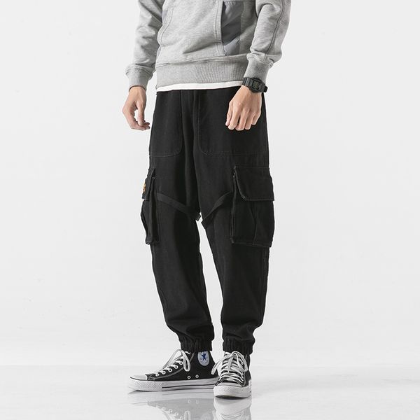 

men fashion casual elastic waist cargo pant streetwear hip hop multi-pocket male loose harem trouser joggers sweatpants, Black