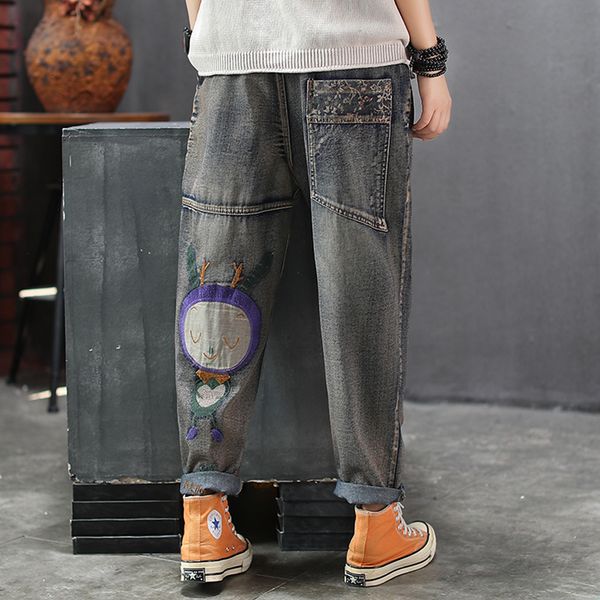 

women jeans denim pants cartoon embroidery sweet cute fashion casual big loose long for autumn winter az12321619, Blue