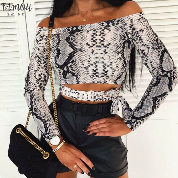 

fashion women ladies off shoulder t shirt serpentine printed long sleeve bodycon slim crop top, White