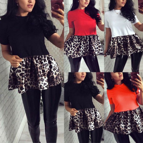 

new style women's t-shirts summer short sleeve casual leopard patchwork ruffles long short sleeve fashion 2019, White