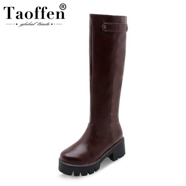 

taoffen women pu leather knee high boots chunky heel platform straight boots buckle zipper shoes woman footwear size 34-43, Black