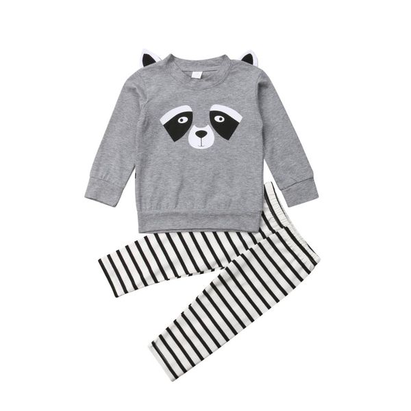 

1-5y toddler baby girls boys lovely pretty clothes 2pcs cartoon animal print long sleeve grey sweatshirt +striped pant, White