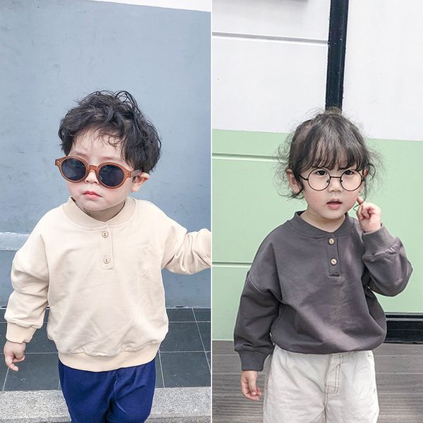 

autumn 2019 children rib two-button cotton sweater hooded shirts boys and girls solid color long sleeve pullover clothing, Blue