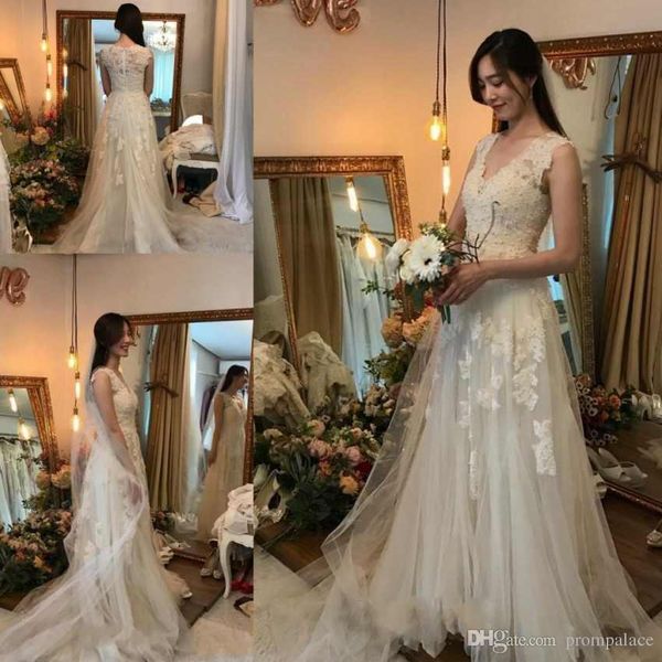

online v-neck a-line wedding dresses sleeveless tulle satin zipper back custom made elegant wedding gowns bride dresses, White