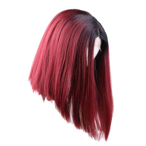 

14 " кружева спереди короткие прямые парики натуральный синтетический парик боковой части красное вино