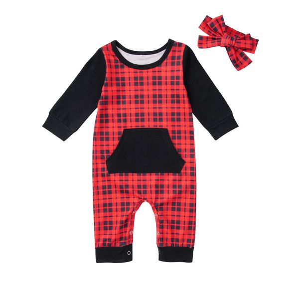 

long sleeve newborn baby romper jumpsuit fashion plaid print romper++headband for infant baby girl boy outfits #lr2, Blue