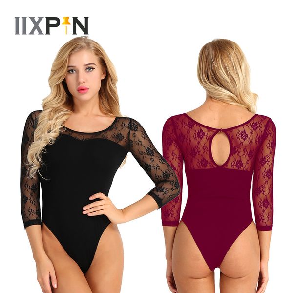 

women ballet leotard dance wear soft lace 3/4 sleeve stretch camisole gymnastics leotard bodysuit ballet dress dancewear, Black;red