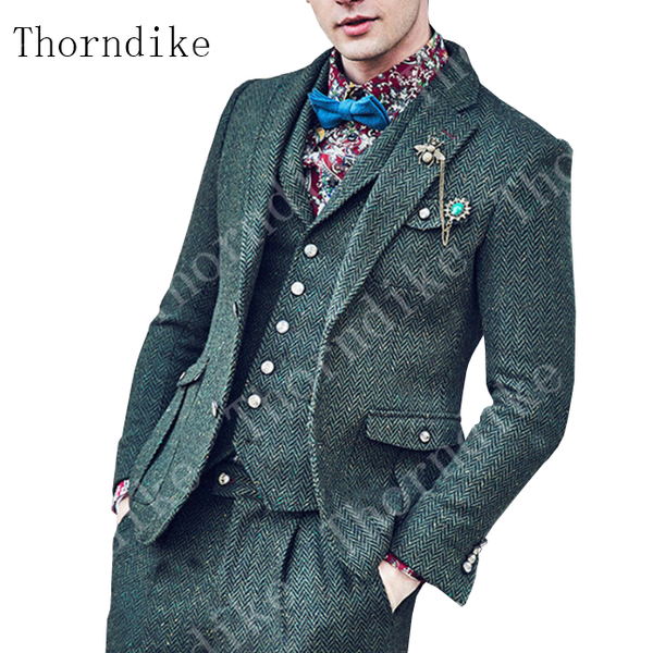 

thorndike green men's herringbone tweed suit 3 pieces two button leisure suits winter banquet dinner tuxedos (jacket+vest+pants, White;black