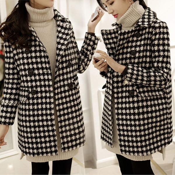 

female winter plaid wool coats jacket womens 2019 new slim warm woolen blends ladies long cashmere coats cardigan abrigo mujer, Black