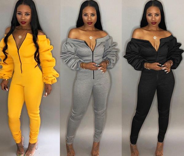 

women casual jumpsuit zipper front slash neck off shoulder long puff sleeve thick romper fashion overalls female jumper, Black;white