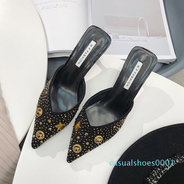 

effgt women summer high heel mules slippers ladies pointed toe strange style rivet single shoes fashion sequin slipper sandals c01, Black