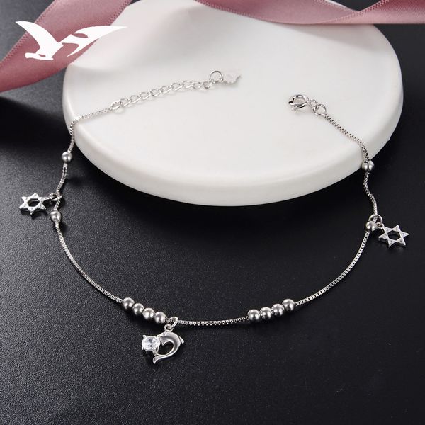 

s925 pure silver inset diamond anklets women hexagonal star silver zhuhai dolphin anklets students fresh foot ornaments, Red;blue
