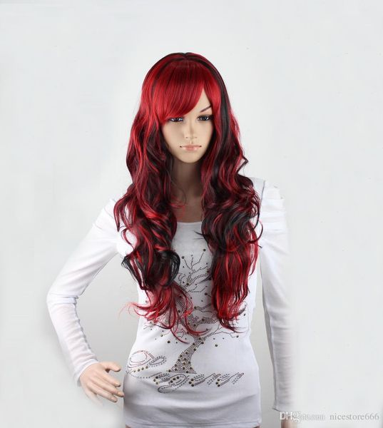 Synthetic Black Red Highlights Hair Wig With Bangs Halloween