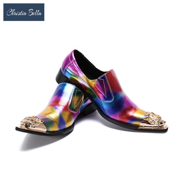 

christia bella classic genuine leather metal tip slippers flats banquet wedding men dress shoes colorful leather print shoes men, Black