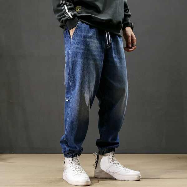 

fashion streetwear men jeans loose fit retro wash harem jeans men tapered pants japanese style hip hop pencil pants, Blue