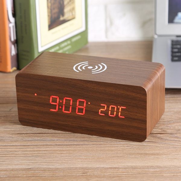 

wooden clock voice control silence electronic clock wireless charger wooden led alarm sound control time date temperature