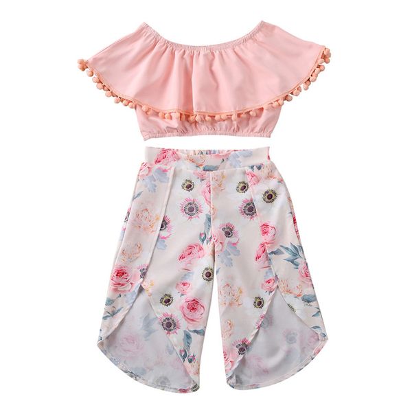 

1-5y kids baby girls 2pcs outfits sleeveless summer tassel ball ruffles sleeve t-shirt +flowers printed pants clothes set, White