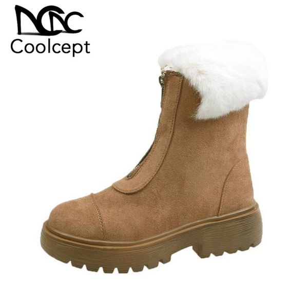 

coolcept warm ankle boots for women fashion front zipper platform square heels shoes women plush fur winter footwear size 35-40, Black