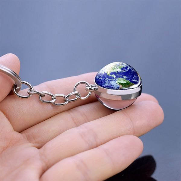 

fashion design solar system planet keyring galaxy nebula space keychain moon earth sun double sides glass ball keychain gifts, Silver