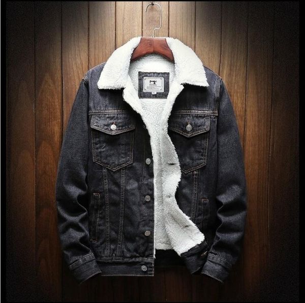 

men light blue winter jean jackets outerwear warm denim coats new men large size wool liner thicker winter denim jackets, Black