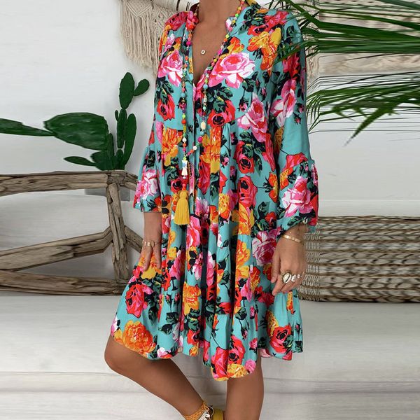 

women dress casual boho dress plus size dresses women's ladies loose print three quarter sleeve mini summer, Black;gray